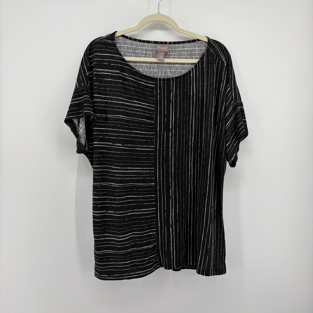 Chico's Women 3 / XL Black White Striped Top Short Sleeve Mixed Stripe Boat Neck